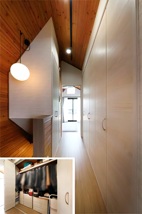 スポットライトとペンダントライトで奥行き感のある廊下の施工事例