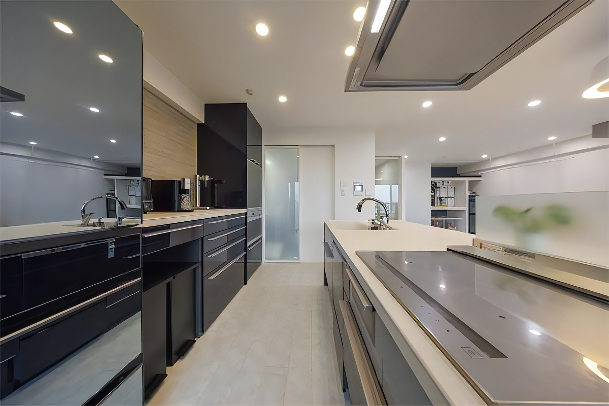 複数のダウンライトで清潔感のあるキッチンの施工事例